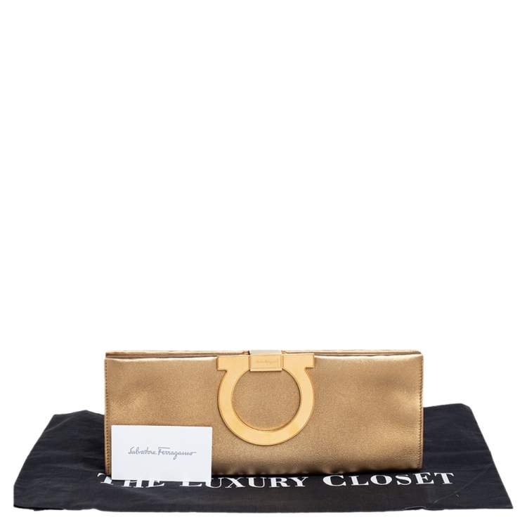 Pre Owned Salvatore Ferragamo Metallic Gold Leather Musa Gancini Clutch