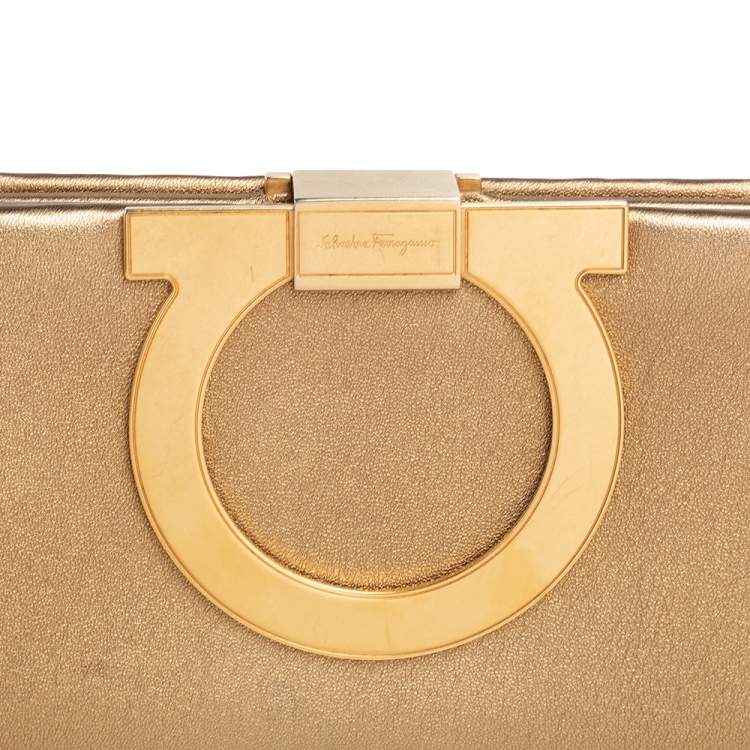 Pre Owned Salvatore Ferragamo Metallic Gold Leather Musa Gancini Clutch