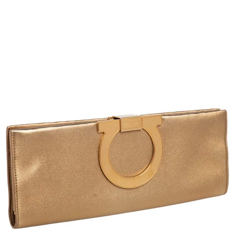 Pre Owned Salvatore Ferragamo Metallic Gold Leather Musa Gancini Clutch