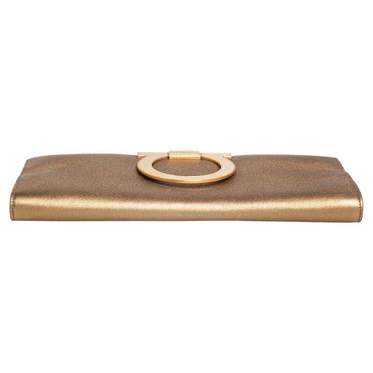 Pre Owned Salvatore Ferragamo Metallic Gold Leather Musa Gancini Clutch