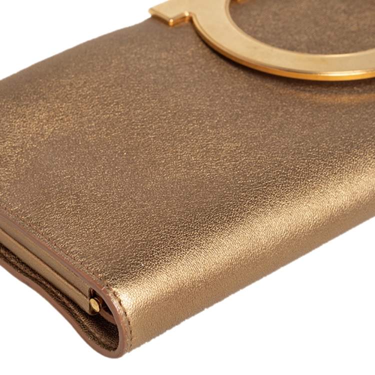 Pre Owned Salvatore Ferragamo Metallic Gold Leather Musa Gancini Clutch