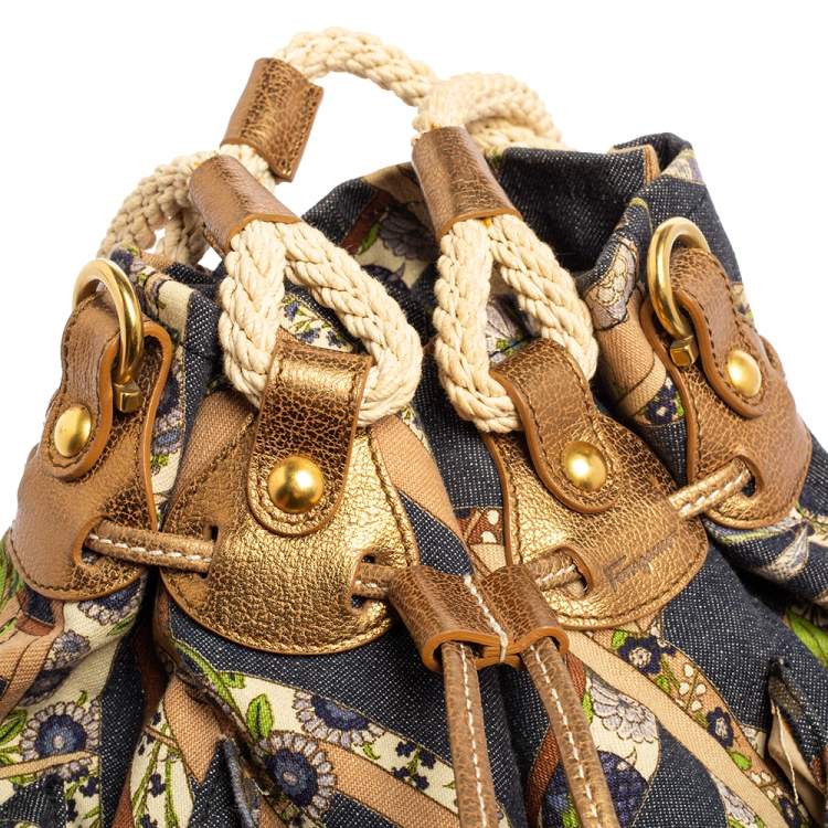 Pre Owned Salvatore Ferragamo Multicolor Gancini Floral Print Denim Shoulder Bag