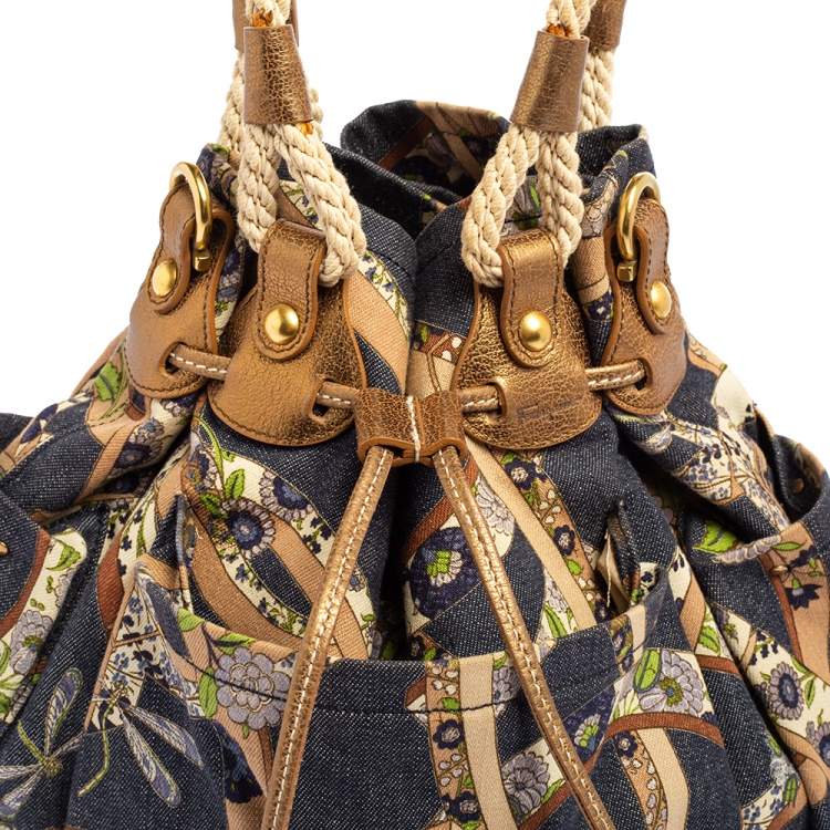 Pre Owned Salvatore Ferragamo Multicolor Gancini Floral Print Denim Shoulder Bag