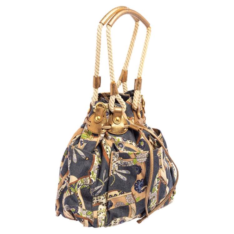 Pre Owned Salvatore Ferragamo Multicolor Gancini Floral Print Denim Shoulder Bag