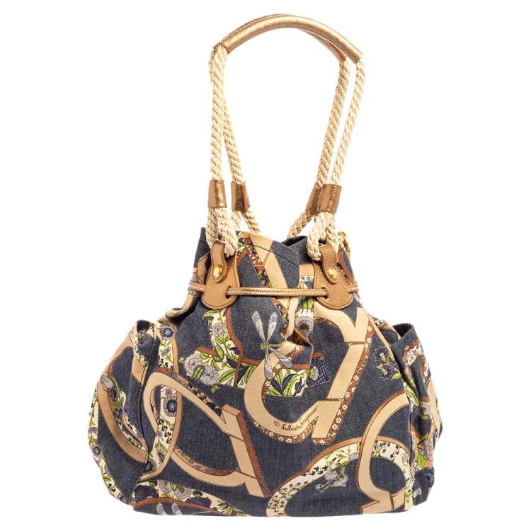 Pre Owned Salvatore Ferragamo Multicolor Gancini Floral Print Denim Shoulder Bag