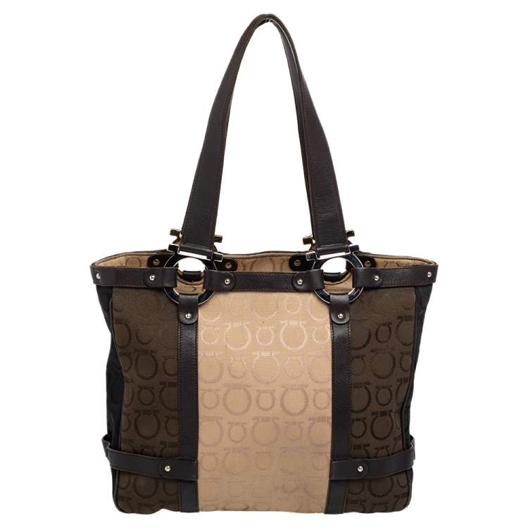 Pre Owned Salvatore Ferragamo Multicolor Gancini Canvas And Leather Tote