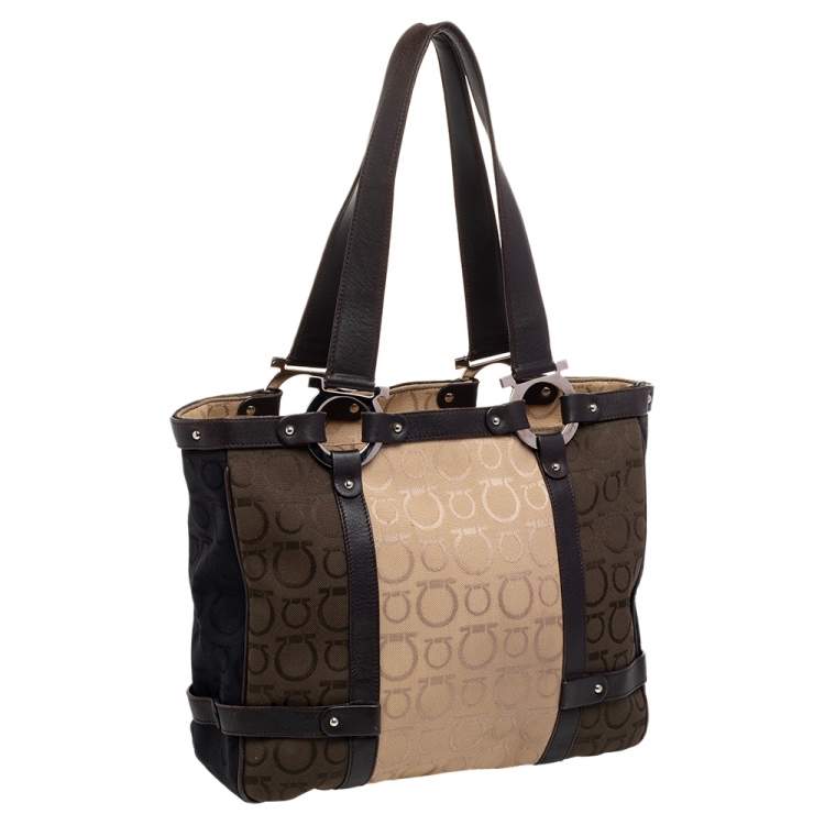 Pre Owned Salvatore Ferragamo Multicolor Gancini Canvas And Leather Tote