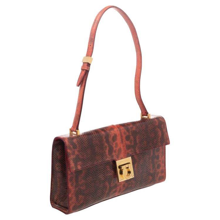 Pre Owned Salvatore Ferragamo Red Karung Gancio Lock Shoulder Bag