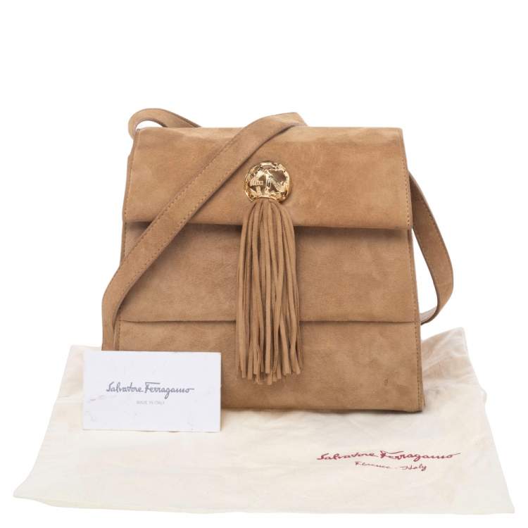 Pre Owned Salvatore Ferragamo Brown Suede Buckle Flap Tassel Shoulder Bag