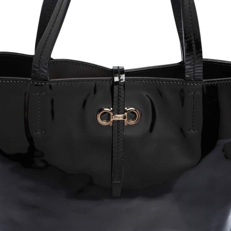 Pre Owned Salvatore Ferragamo Black Patent Leather Bice Tote