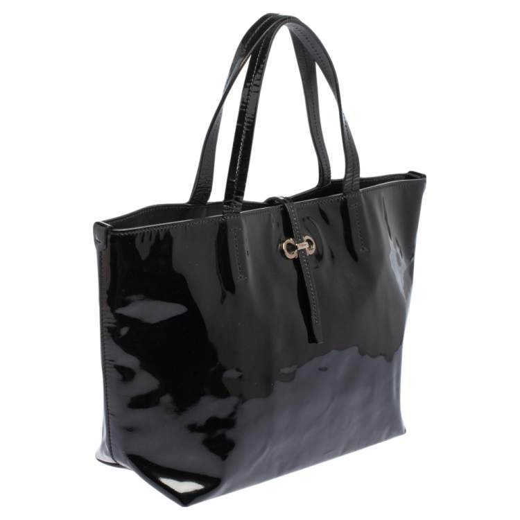 Pre Owned Salvatore Ferragamo Black Patent Leather Bice Tote