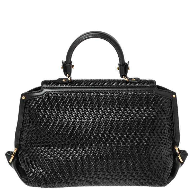 مملوكة مسبقًا Salvatore Ferragamo Black Woven Raffia and Leather Large Sofia Top Handle Bag