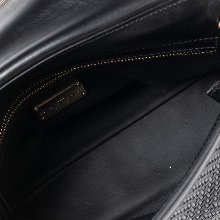 مملوكة مسبقًا Salvatore Ferragamo Black Woven Raffia and Leather Large Sofia Top Handle Bag