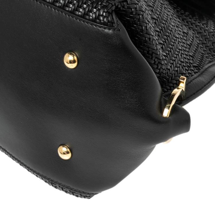 مملوكة مسبقًا Salvatore Ferragamo Black Woven Raffia and Leather Large Sofia Top Handle Bag