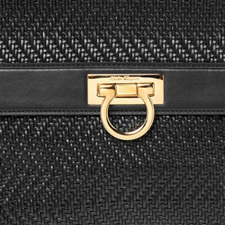 مملوكة مسبقًا Salvatore Ferragamo Black Woven Raffia and Leather Large Sofia Top Handle Bag