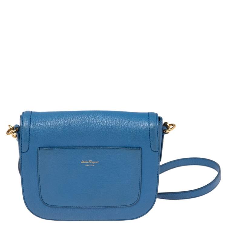 Pre Owned Salvatore Ferragamo Blue Leather Gancini Flap Crossbody Bag