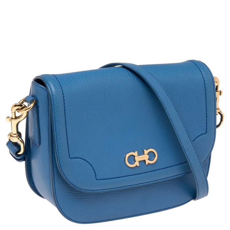 Pre Owned Salvatore Ferragamo Blue Leather Gancini Flap Crossbody Bag