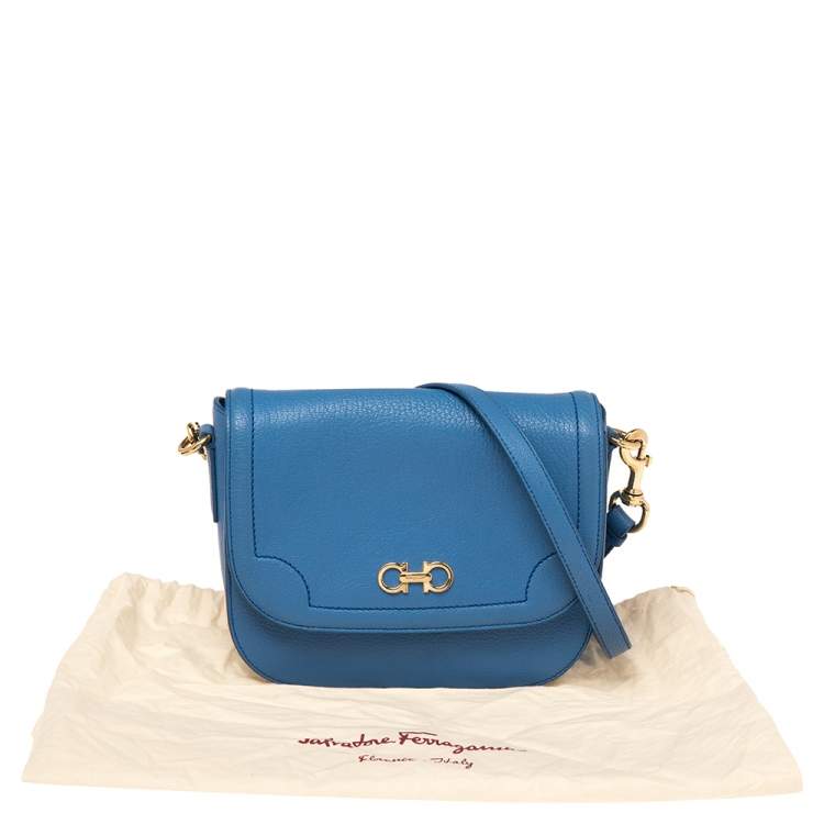 Pre Owned Salvatore Ferragamo Blue Leather Gancini Flap Crossbody Bag