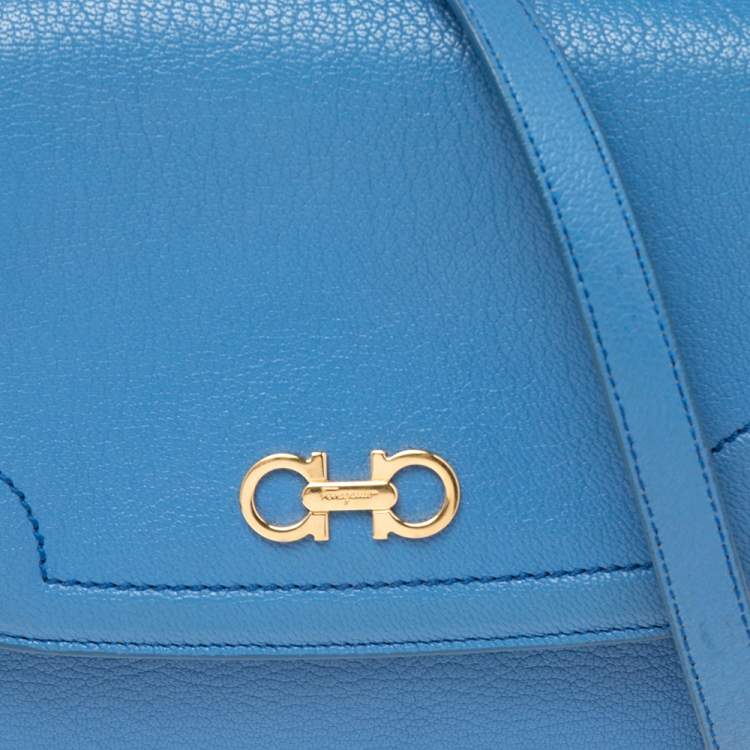 Pre Owned Salvatore Ferragamo Blue Leather Gancini Flap Crossbody Bag