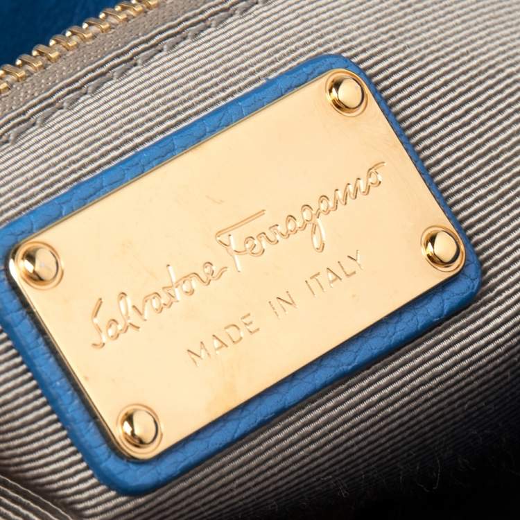 Pre Owned Salvatore Ferragamo Blue Leather Gancini Flap Crossbody Bag
