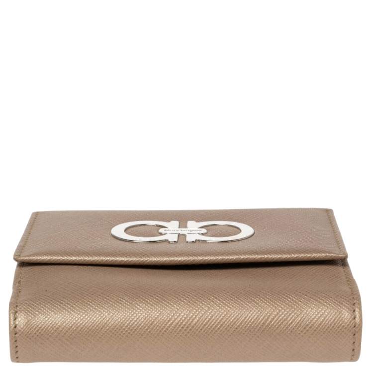 Pre Owned Salvatore Ferragamo Gold Leather Double Gancio Flap Compact Wallet