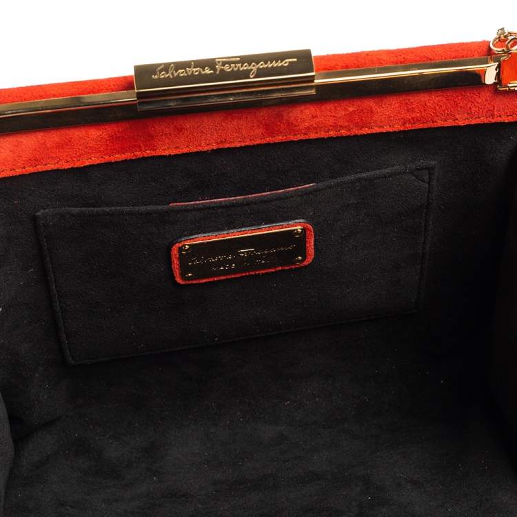 Pre Owned Salvatore Ferragamo Orange/Iridescent Suede and Python Chain Clutch