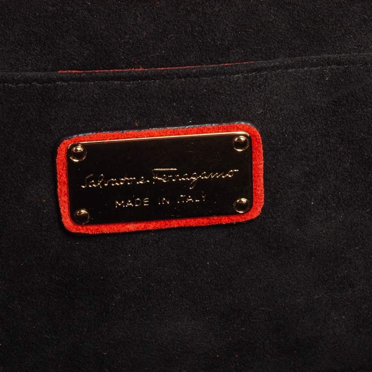 Pre Owned Salvatore Ferragamo Orange/Iridescent Suede and Python Chain Clutch