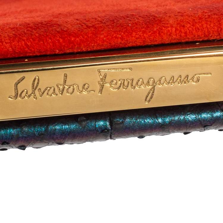 Pre Owned Salvatore Ferragamo Orange/Iridescent Suede and Python Chain Clutch
