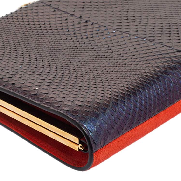 Pre Owned Salvatore Ferragamo Orange/Iridescent Suede and Python Chain Clutch