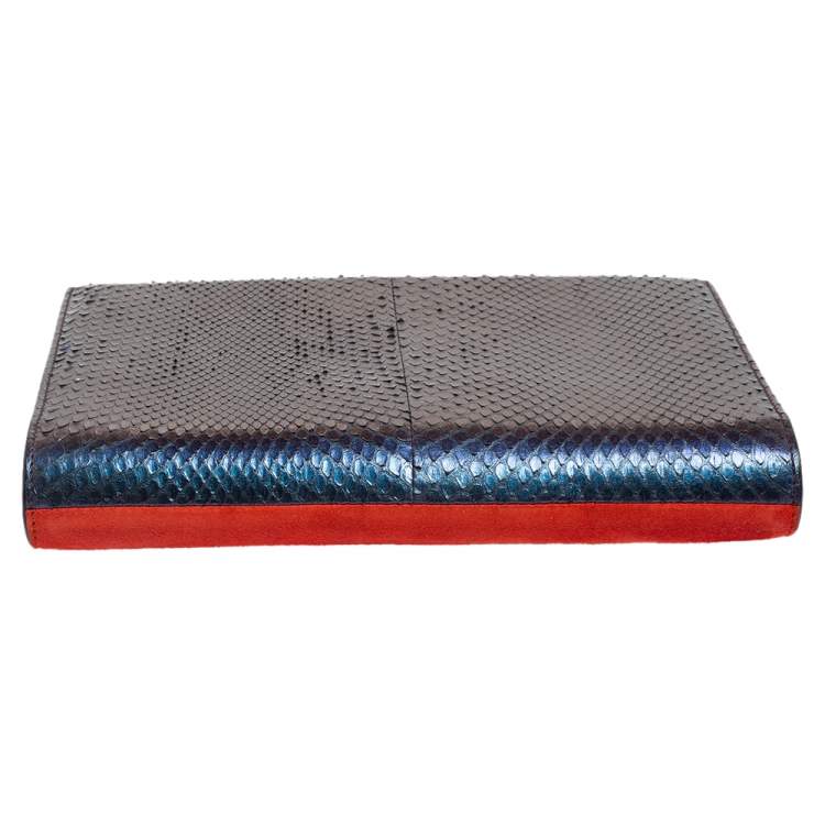 Pre Owned Salvatore Ferragamo Orange/Iridescent Suede and Python Chain Clutch