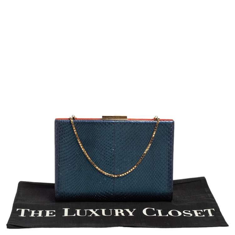 Pre Owned Salvatore Ferragamo Orange/Iridescent Suede and Python Chain Clutch
