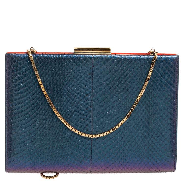 Pre Owned Salvatore Ferragamo Orange/Iridescent Suede and Python Chain Clutch
