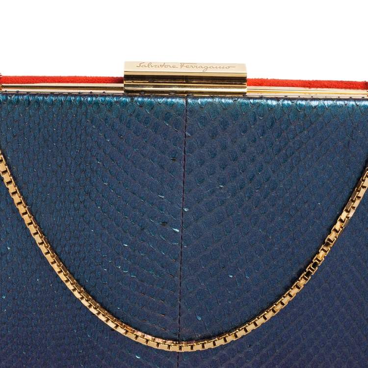Pre Owned Salvatore Ferragamo Orange/Iridescent Suede and Python Chain Clutch
