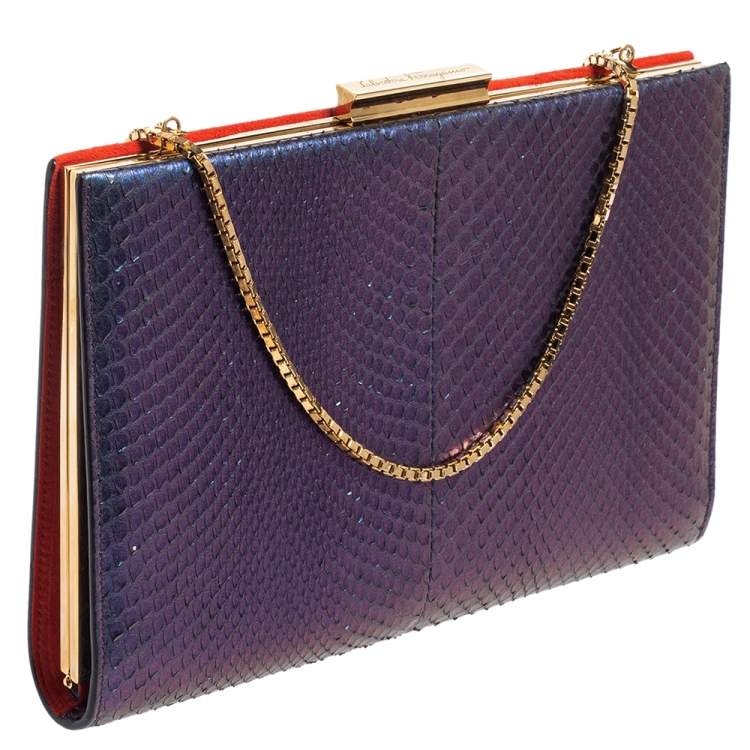 Pre Owned Salvatore Ferragamo Orange/Iridescent Suede and Python Chain Clutch