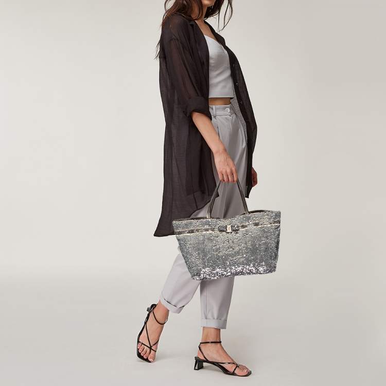 Pre Owned Salvatore Ferragamo Grey Sequins And Nylon Tote