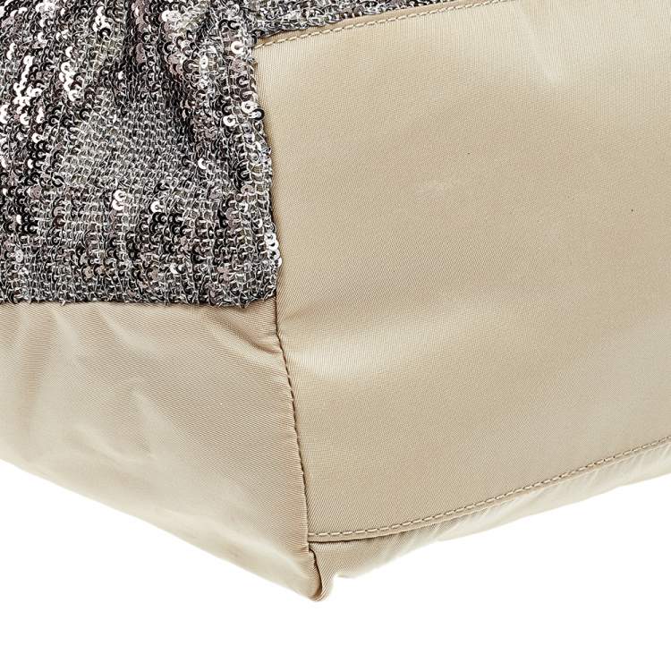 Pre Owned Salvatore Ferragamo Grey Sequins And Nylon Tote