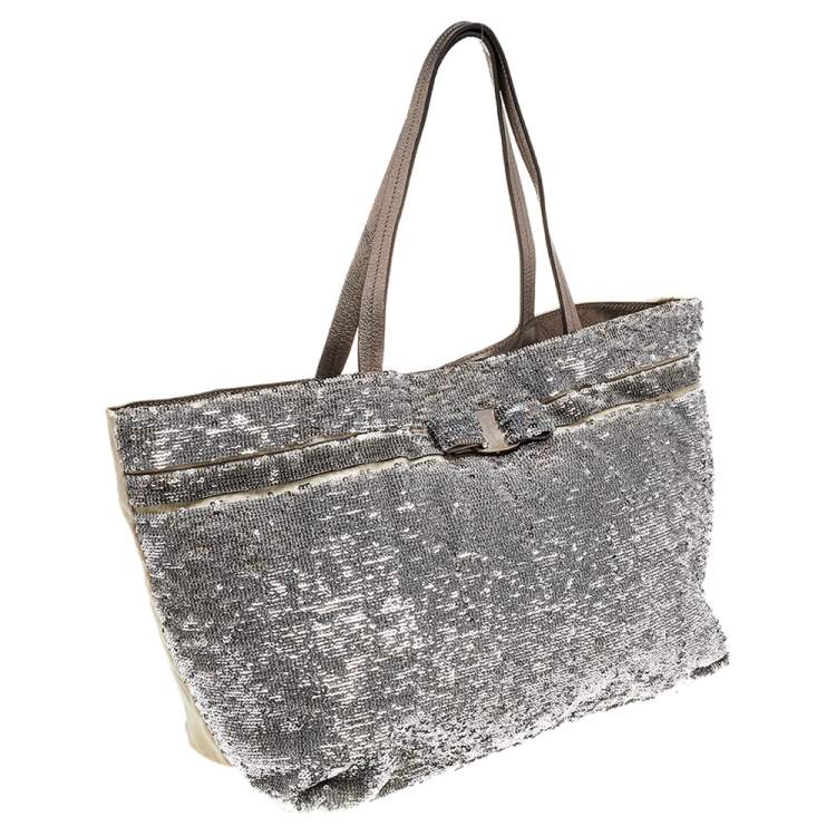 Pre Owned Salvatore Ferragamo Grey Sequins And Nylon Tote