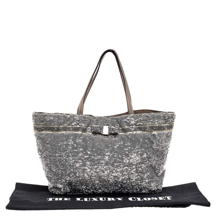 Pre Owned Salvatore Ferragamo Grey Sequins And Nylon Tote
