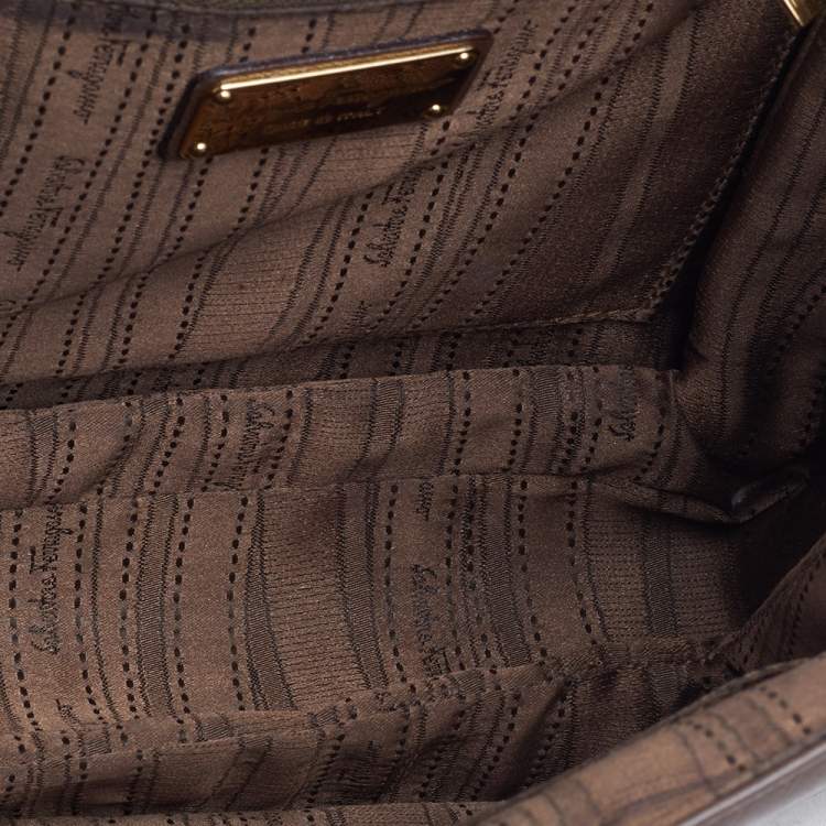 Pre Owned Salvatore Ferragamo Beige/Brown Leather Gancini Top Handle