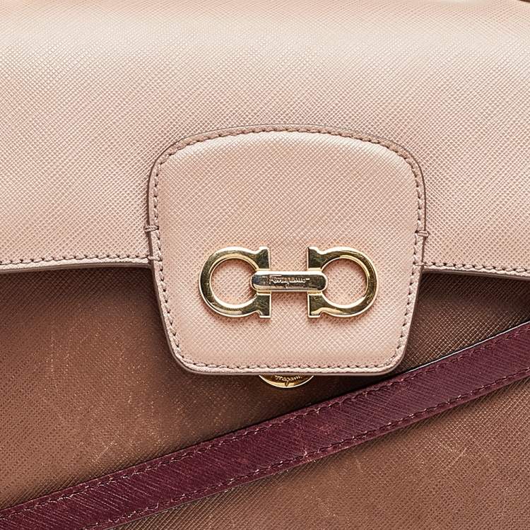 Pre Owned Salvatore Ferragamo Beige/Brown Leather Gancini Top Handle