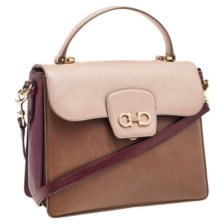 Pre Owned Salvatore Ferragamo Beige/Brown Leather Gancini Top Handle