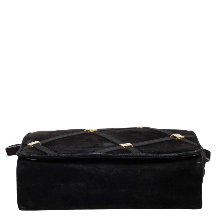 Pre Owned Salvatore Ferragamo Black Suede Flap Messenger Bag