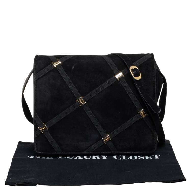 Pre Owned Salvatore Ferragamo Black Suede Flap Messenger Bag