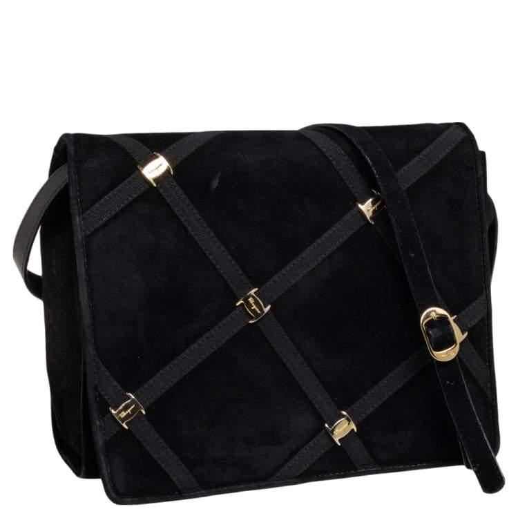 Pre Owned Salvatore Ferragamo Black Suede Flap Messenger Bag