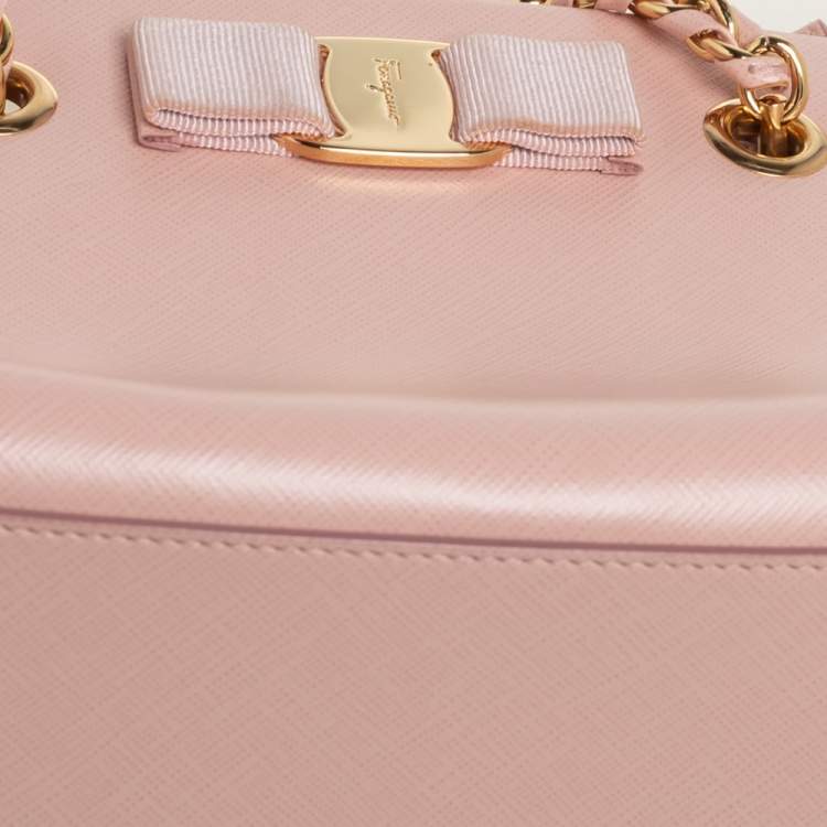 Pre Owned Salvatore Ferragamo Pink Leather Mini Melike Vara Bow Chain Tote