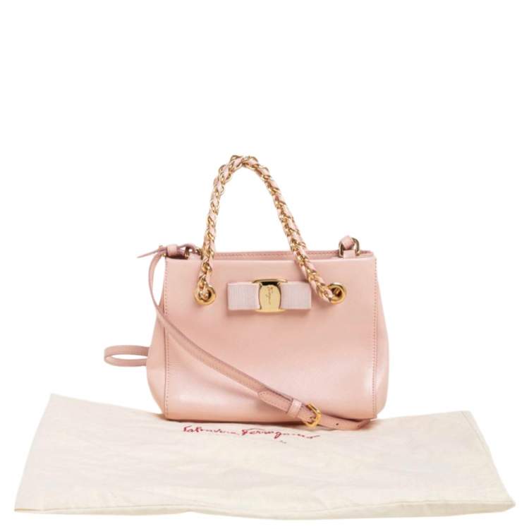 Pre Owned Salvatore Ferragamo Pink Leather Mini Melike Vara Bow Chain Tote