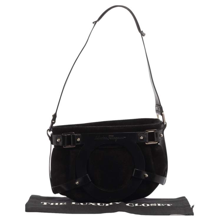 Pre Owned Salvatore Ferragamo Black Nubuck and Leather Gancio Baguette 