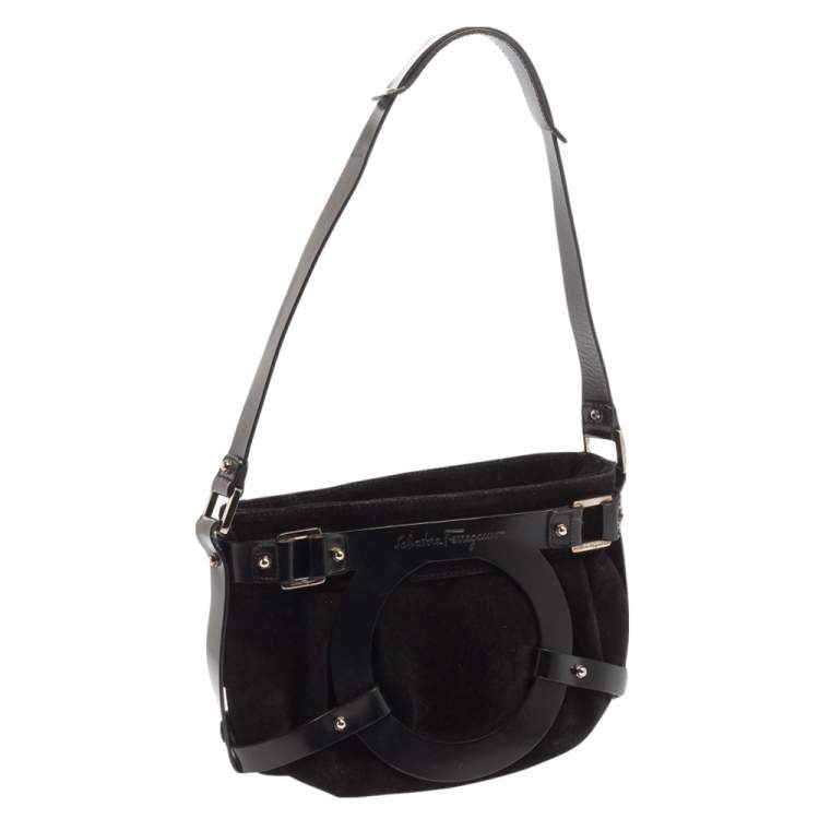 Pre Owned Salvatore Ferragamo Black Nubuck and Leather Gancio Baguette 