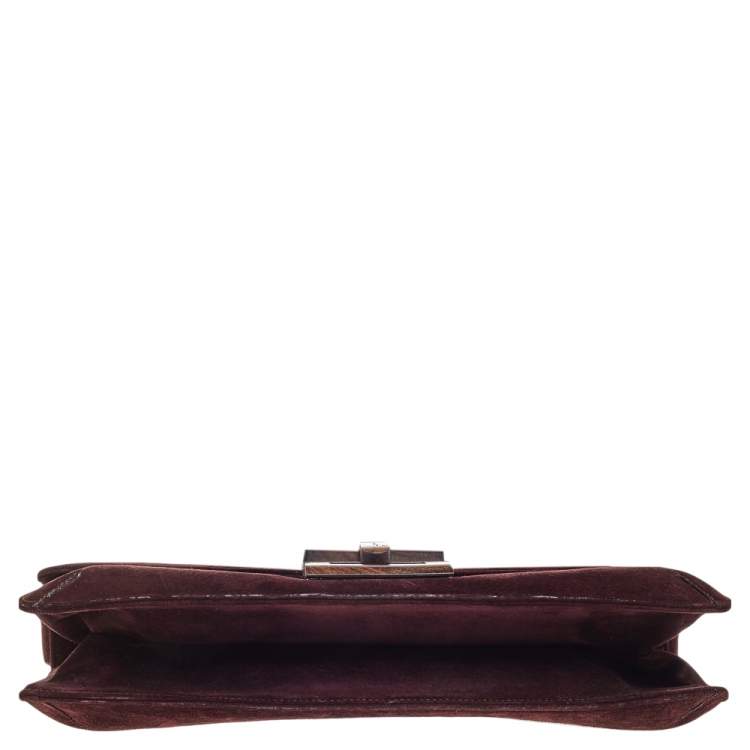 Pre Owned Salvatore Ferragamo Burgundy Suede Wood Logo Flap Shoulder Bag