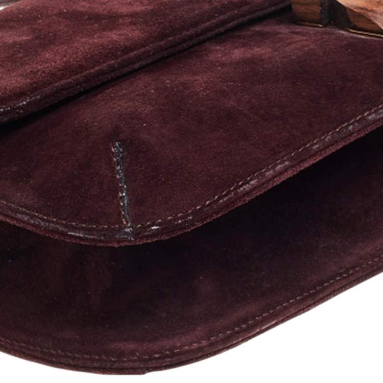 Pre Owned Salvatore Ferragamo Burgundy Suede Wood Logo Flap Shoulder Bag